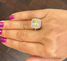 Load image into Gallery viewer, Cushion Cut Simulated Fancy Yellow And Round Cut Sides Cvd Diamond Engagement Ring 14k White Gold Double Halo Bridal Wedding Ring 5.00ct