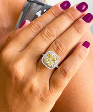 Load image into Gallery viewer, Cushion Cut Fancy Yellow Center And Round Cut Sides Cvd Diamond Engagement Ring Double Halo Bridal Wedding Ring 14k Solid White Gold 5.00ctw