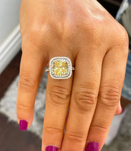 Load image into Gallery viewer, Cushion Cut Fancy Yellow Center And Round Cut Sides Cvd Diamond Engagement Ring Double Halo Bridal Wedding Ring 14k Solid White Gold 5.00ctw