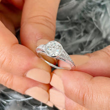 Load image into Gallery viewer, Round Cut Moissanite Engagement Ring Solitaire Style 14k Solid White Gold Bezel Set Wedding Ring Antique Filigree Style Bridal Ring 1.04ctw