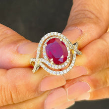 Load image into Gallery viewer, Oval Cut Ruby And Round Cut Side Natural Diamonds Ring 14k Solid Yellow Gold Double Halo Rign Hand Ring Split Shank Engagement Ring 4.60ctw