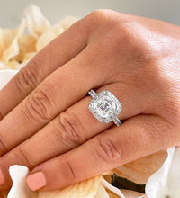 Load image into Gallery viewer, Asscher Cut Moissanite and Round Cut Sides Bezel Set Style Engagement Ring 14k Solid White Gold Bridal Ring Halo Style Wedding Ring 4.00ctw