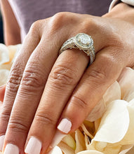 Load image into Gallery viewer, Oval Shape Moissanite And Round CVD Diamond Engagement Ring 14K Solid And Heavy (over 10gr) Yellow Gold Halo Style Bridal Wedding Ring 4.00