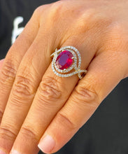 Load image into Gallery viewer, Oval Cut Ruby And Round Cut Side Natural Diamonds Ring 14k Solid Yellow Gold Double Halo Rign Hand Ring Split Shank Engagement Ring 4.60ctw
