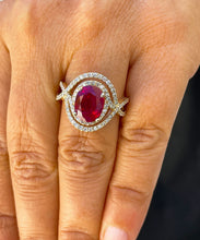 Load image into Gallery viewer, Oval Cut Ruby And Round Cut Side Natural Diamonds Ring 14k Solid Yellow Gold Double Halo Rign Hand Ring Split Shank Engagement Ring 4.60ctw