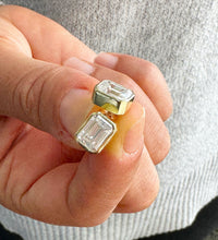 Load image into Gallery viewer, Emerald Cut Moissanite Earrings Bezel set Style 14k Solid Yellow Solid Gold Huge 5.00ct Screw Back Bezel Setting Bridal Wedding Gift For Her