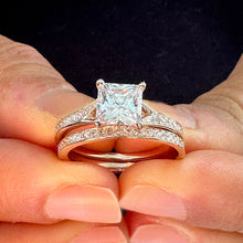 Load image into Gallery viewer, Princess Cut And Round Cut Sides Diamonds Engagement Ring And Matching Band IGI Certified 14k Rose Gold Wedding Bridal Set Ring 2.10ct F-VS2