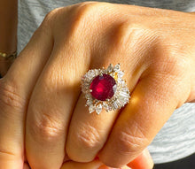 Load image into Gallery viewer, Stunning 14k Solid Yellow Gold Cushion Ruby And Baguettes And Marquise Cut Natural Diamond Ballerina design Ring 7.50ctw