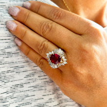 Load image into Gallery viewer, Stunning 14k Solid Yellow Gold Cushion Ruby And Baguettes And Marquise Cut Natural Diamond Ballerina design Ring 7.50ctw