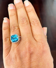 Load image into Gallery viewer, Cushion Cut Blue Topaz And Natural Round Cut Sides Diamonds Engagement Ring 14K Solid Yellow Gold Wedding Anniversary Ring Halo Bridal 4.70
