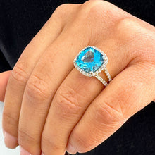 Load image into Gallery viewer, Cushion Cut Blue Topaz And Natural Round Cut Sides Diamonds Engagement Ring 14K Solid Yellow Gold Wedding Anniversary Ring Halo Bridal 4.70