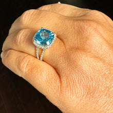 Load image into Gallery viewer, Cushion Cut Blue Topaz And Natural Round Cut Sides Diamonds Engagement Ring 14K Solid Yellow Gold Wedding Anniversary Ring Halo Bridal 4.70
