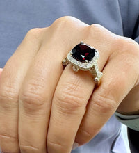 Load image into Gallery viewer, Cushion Cut Natural Garnet And Round Cut Sides Diamonds Ring Engagement Halo Ring Right Hand Ring 14k Solid Yellow Gold Wedding Ring 7.50ctw