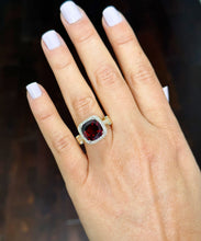 Load image into Gallery viewer, Cushion Cut Natural Garnet And Round Cut Sides Diamonds Ring Engagement Halo Ring Right Hand Ring 14k Solid Yellow Gold Wedding Ring 7.50ctw