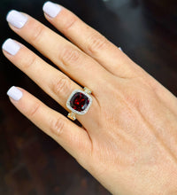 Load image into Gallery viewer, Cushion Cut Natural Garnet And Round Cut Sides Diamonds Ring Engagement Halo Ring Right Hand Ring 14k Solid Yellow Gold Wedding Ring 7.50ctw
