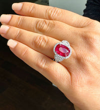 Load image into Gallery viewer, 14K Solid White Gold Oval Shape Ruby and Round And Half Moon Cut Natural Diamonds Engagement Ring Halo Prong Set 5.00ctw