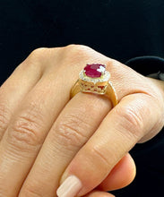Load image into Gallery viewer, Cushion Cut Ruby And Round Cut Natural Diamonds Engagement Ring 14k Solid Yellow Gold Filigree design Wedding Ring Halo Right Hand Ring 7.50