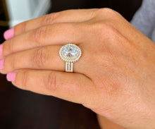 Load image into Gallery viewer, Oval Cut and Round Cut Diamond Engagement Ring IGI 14k Solid Yellow Gold Double Halo DesignBridal Ring Triple Shank Style Wedding Ring 2.70