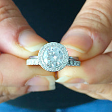 Load image into Gallery viewer, Round Cut Moissanite Engagement Ring And Matching Band Bridal Set Halo Style Wedding Ring And Band Bezel Set In 14k Solid White Gold 2.20ctw