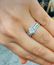 Load image into Gallery viewer, Princess Cut Moissanite and Round Cut Sides Engagement Ring And Two Stackable Bands Set In 14k Solid White Gold Wedding Bridal Set 1.70ctw