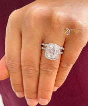 Load image into Gallery viewer, Emerald Cut Moissanite And cvd Round Side Diamonds Engagement Ring And Matching Band 14k Solid White Gold Double Halo Wedding Set 3.50ctw