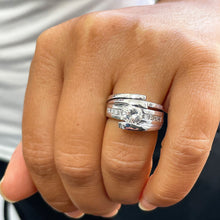 Load image into Gallery viewer, Round Cut Moissanite And Princess Cut Sides Engagement Ring And Matching Band Tension Set In 14k Solid And Heavy White Gold Wedding Set 1.70
