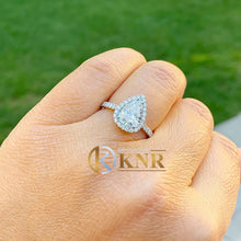 Load image into Gallery viewer, Pear Shape Moissanite And Natural Round Cut Sides Diamonds Engagement Ring 14k Solid White Gold Bridal Ring Halo Style Wedding Ring 2.50ctw