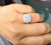 Load image into Gallery viewer, Cushion Cut Moissanite and Round Cut Sides Engagement Ring And Matching Band 14K Solid White Gold Wedding Ring Double Halo Bridal Ring 1.85