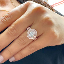 Load image into Gallery viewer, Oval Cut Moissanite and Round Cvd Diamond Engagement Ring Double Halo 14k Solid Rose Gold Wedding Ring Triple Shank Bridal Ring 2.70ctw