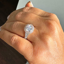 Load image into Gallery viewer, Cushion Cut Moissanite and Round Cut Sides Bezel Set Engagement Ring 14k Solid White And Rose Gold Halo Filigree Design Bridal Ring 3.40ctw
