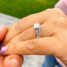 Load image into Gallery viewer, Princess Cut Moissanite And Round Cut Sides Engagement Ring And Matching Band 14k Solid White Gold Bridal Set Wedding Ring And Band 1.55ctw
