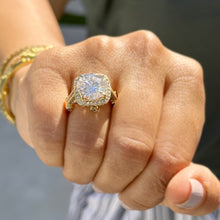 Load image into Gallery viewer, Round Cut Moissanite Engagement Ring Halo Filigree style Anniversry Ring In 14k Solid And Heavy Yellow Gold Bridal Wedding Ring For Her 7.75