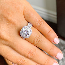 Load image into Gallery viewer, Cushion Cut Moissanite And Round Cut Sides Engagement Ring And Two Matching Bands Bridal Set 14k Solid White Gold Halo Wedding Set 7.00ctw