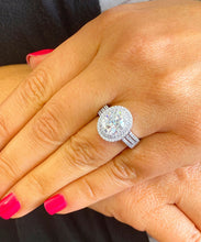 Load image into Gallery viewer, Oval Cut Moissanite and Round Cut Sides Engagement Ring Double Halo Style In 14k Solid White Gold Wedding Ring Triple Shank Bridal Ring 2.65