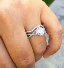 Load image into Gallery viewer, Princess Cut Moissanite And Round Cut Engagement Ring And Matching Band In Twisted Shank Style 14K Solid White Gold Halo Bridal Set 1.80ctw