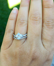 Load image into Gallery viewer, Princess Cut Moissanite And Round Cut Engagement Ring And Matching Band In Twisted Shank Style 14K Solid White Gold Halo Bridal Set 1.80ctw