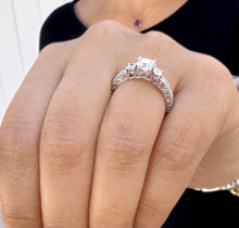 Load image into Gallery viewer, Princess Cut Moissanite And Round Cut Sides Engagement Ring Antique Style Wedding Bridal Ring Three Stone Style In 14k Solid White Gold 1.60