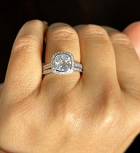 Load image into Gallery viewer, Cushion Cut Moissanite And Round Cut Sides Engagement Ring And Band 14k Solid White Solid Gold Bezel Set Wedding Set Filigree Style 3.750ctw