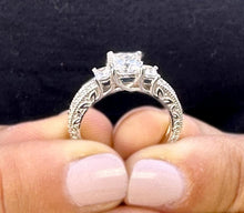 Load image into Gallery viewer, Princess Cut Moissanite And Round Cut Sides Engagement Ring Antique Style Wedding Bridal Ring Three Stone Style In 14k Solid White Gold 1.60