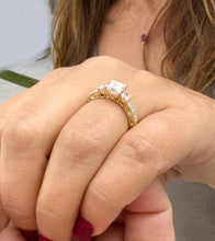 Load image into Gallery viewer, Princess Cut Moissanite And Round Cut Sides Engagement Ring Antique Style 14k Solid Yellow Gold Wedding Bridal Ring Three Stone Style 1.60ct