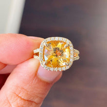 Load image into Gallery viewer, Cushion Cut Yellow Citrine and Round Cut Sides Natural Diamond Ring Split Shank Bridal Ring halo Wedding Ring 14K Solid Yellow Gold 4.70ctw