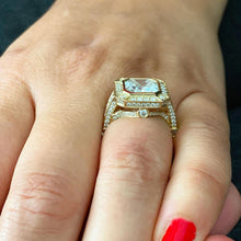 Load image into Gallery viewer, Asscher Cut Moissanite and Round Cut CVD Diamonds Bezel Engagement Ring Halo Ring For Her Filigree 14k Solid and Heavy Yellow Gold 4.60