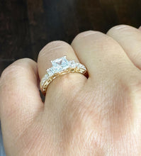 Load image into Gallery viewer, Princess Cut Moissanite And Round Cut Engagement Ring Antique Style In 14k Solid Yellow Gold Wedding Ring Three Stone Style Bridal Ring 1.60