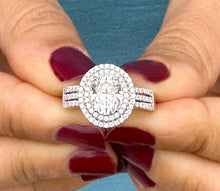 Load image into Gallery viewer, Oval Shape Moissanite and Round Cut Sides Engagement Ring Double Halo Wedding Ring Triple Shank 14k Solid White Gold Bridal Ring 2.40ctw
