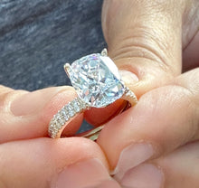 Load image into Gallery viewer, Cushion Cut Moissanite And Round Cut Sides Engagement Ring And Band 14K Solid Yellow Gold Four Prong set Half Eternity Minimalist 5.20ctw