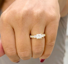 Load image into Gallery viewer, Princess Cut Moissanite And Round Cut Sides Engagement Ring Antique Style 14k Solid Yellow Gold Wedding Bridal Ring Three Stone Style 1.60ct