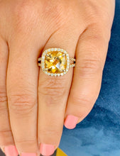 Load image into Gallery viewer, Cushion Cut Yellow Citrine and Round Cut Sides Natural Diamond Ring Split Shank Bridal Ring halo Wedding Ring 14K Solid Yellow Gold 4.70ctw