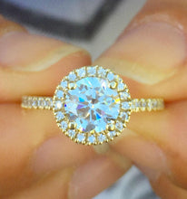 Load image into Gallery viewer, Round Cut Diamond Engagement Ring Halo Style IGI Certified 14k Solid Yellow Gold Wedding Ring Prong Set Half Eternity Bridal Ring 1.50ctw