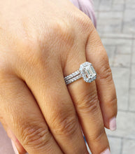 Load image into Gallery viewer, Emerald Cut Moissanite And Round Cut Sides Cvd Diamond Engagement Ring And Matching Band 14k Solid White Gold Halo Wedding Bridal Set 2.00ct