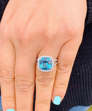 Load image into Gallery viewer, Cushion Cut Blue Topaz And CVD Diamonds Engagement Ring Set In 14k Solid White Gold Wedding Anniversary Ring Halo Style Bridal Ring 4.70ctw